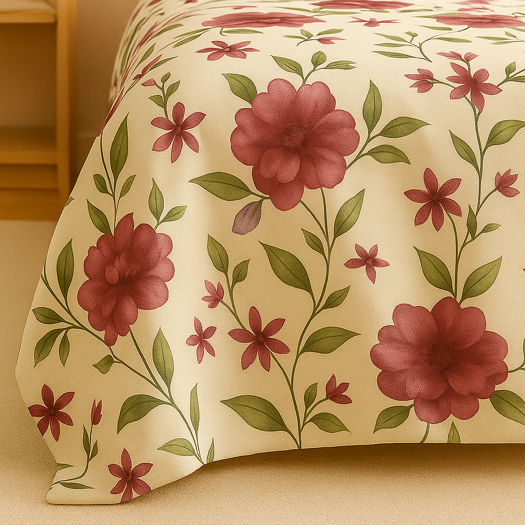Floral patterned fabric with red flowers and green leaves on a beige background