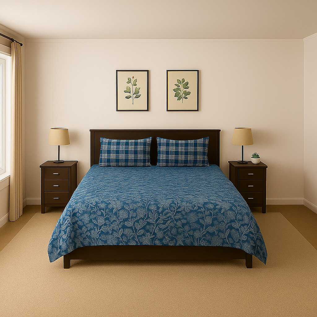 blue floral bedsheet with pillow set
