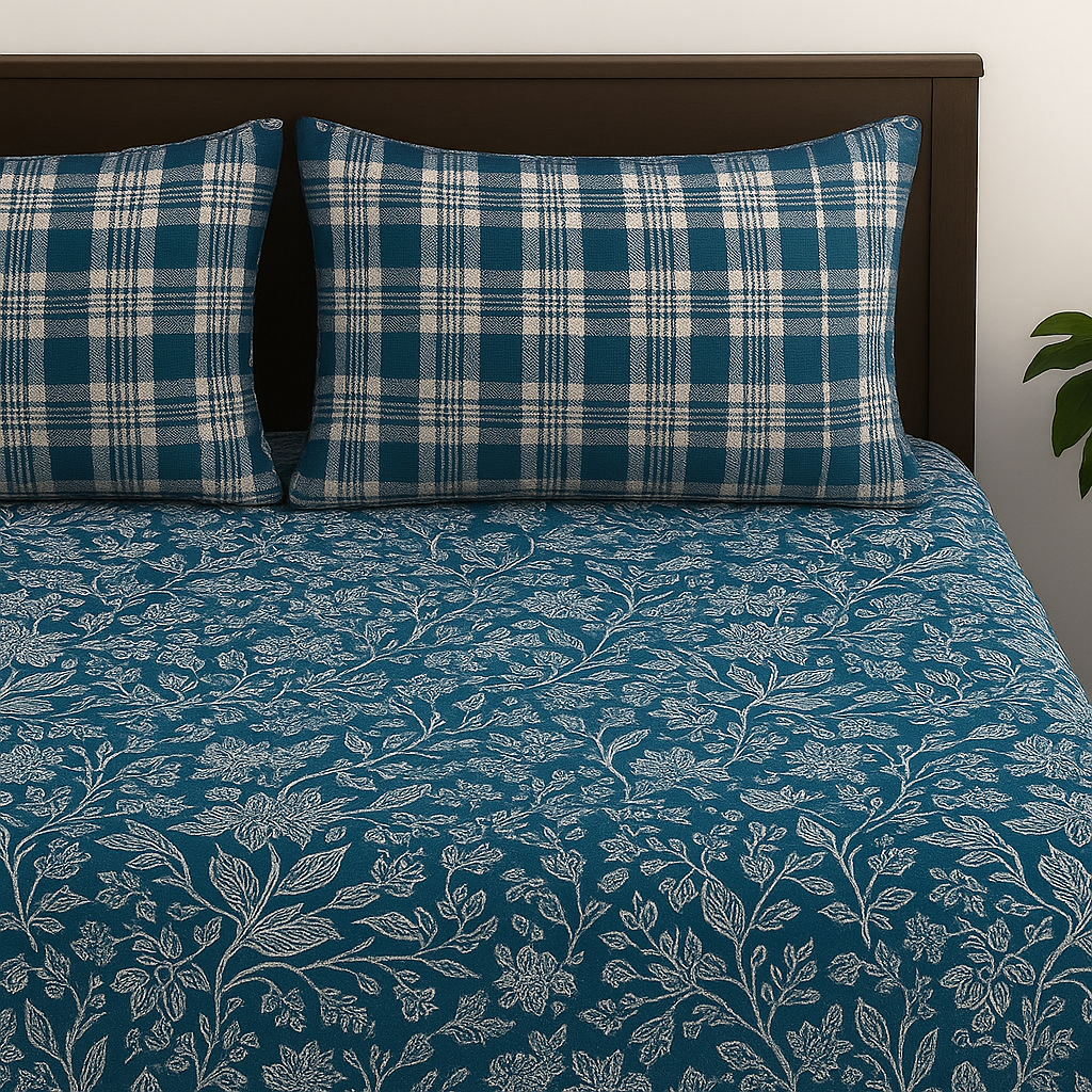 Floral patterned bedspread on a bed with plaid pillows.