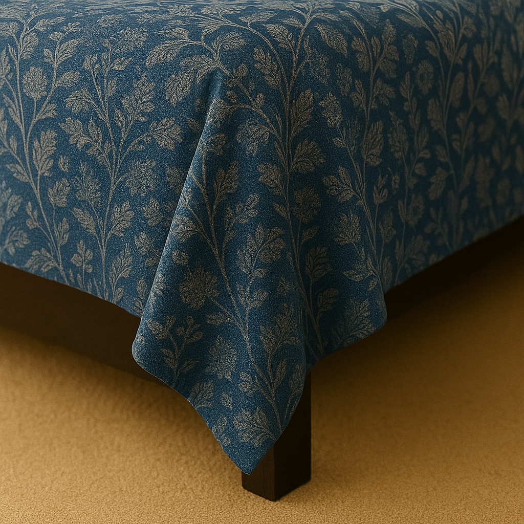 Blue floral patterned bedspread on a bed with a brown background