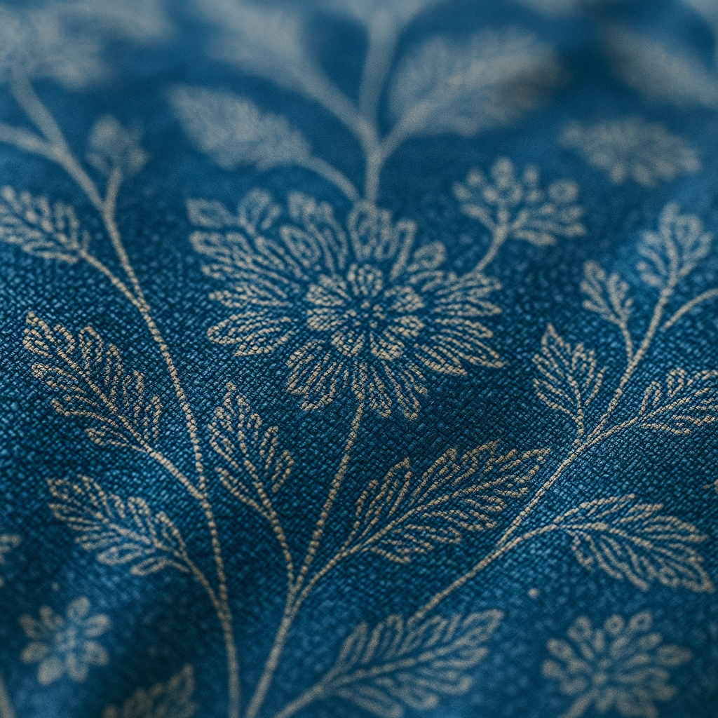 Close-up of blue fabric with floral pattern