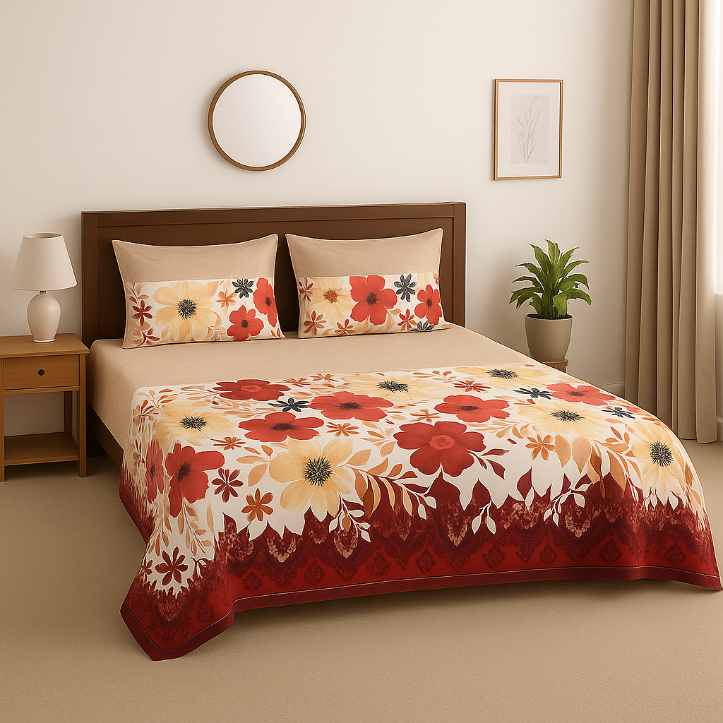 Floral patterned bedspread on a bed in a bedroom setting with a lamp and plant.