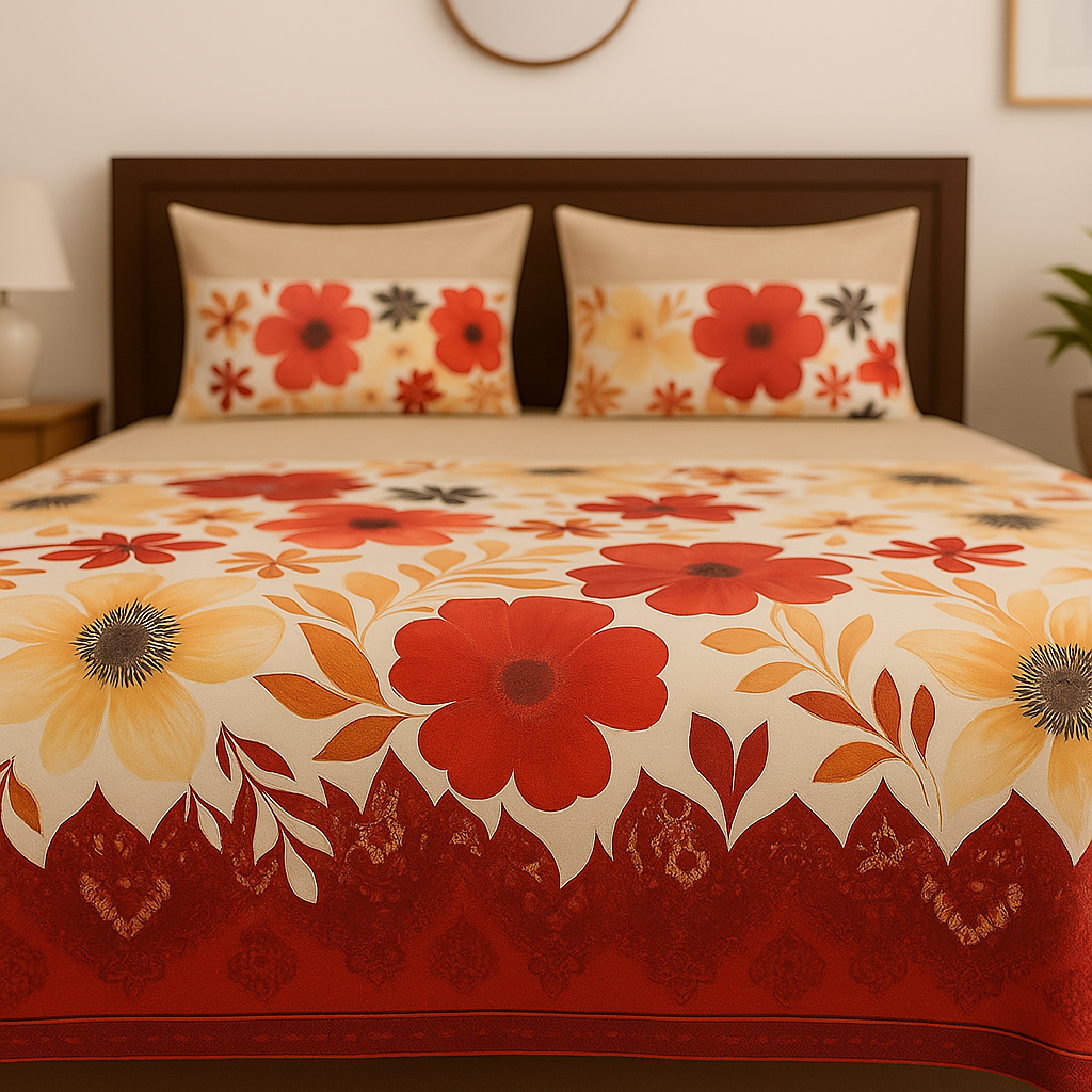 Floral patterned bedspread on a bed with matching pillows in a bedroom setting.