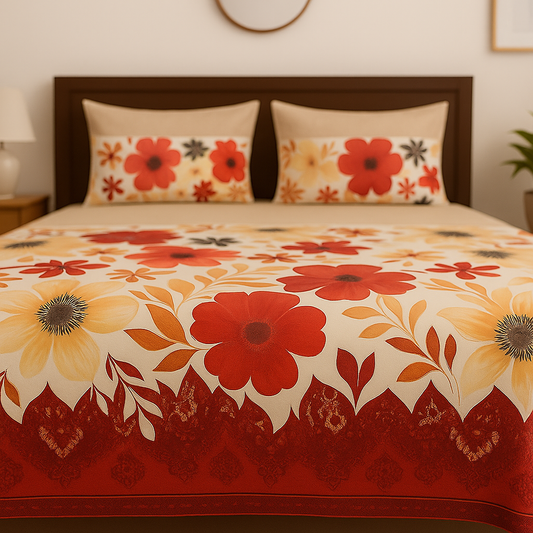 Floral patterned bedspread on a bed with matching pillows in a bedroom setting.