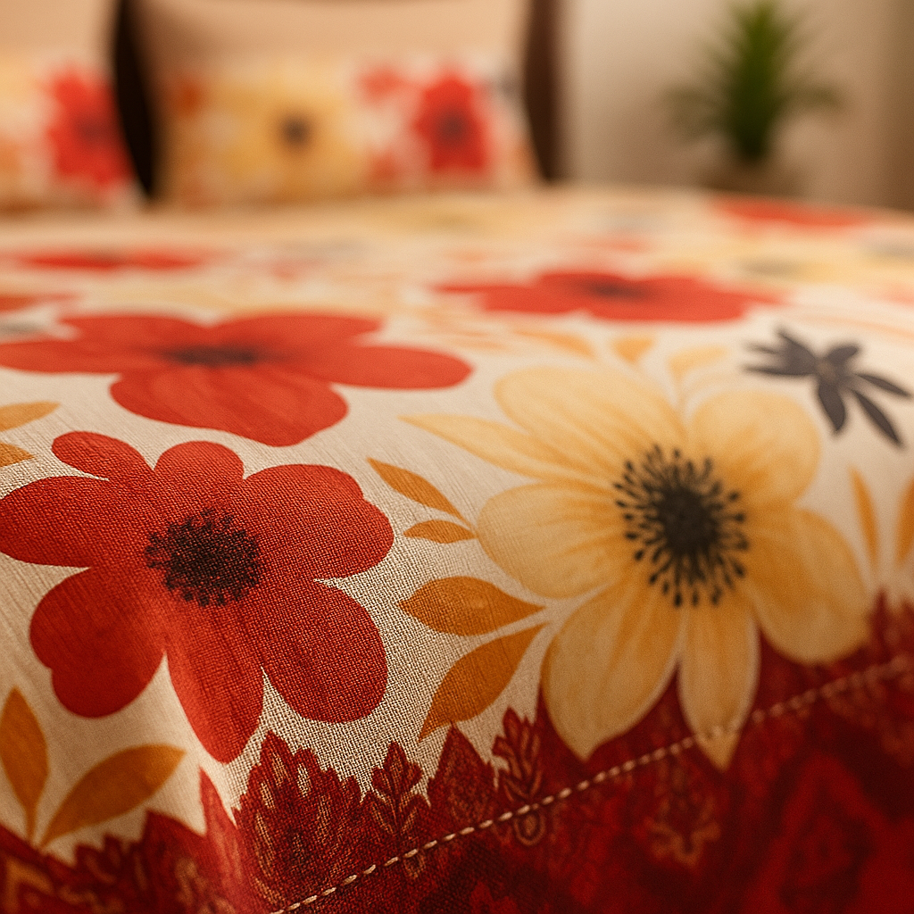 Floral patterned fabric with red and yellow flowers on a blurred background