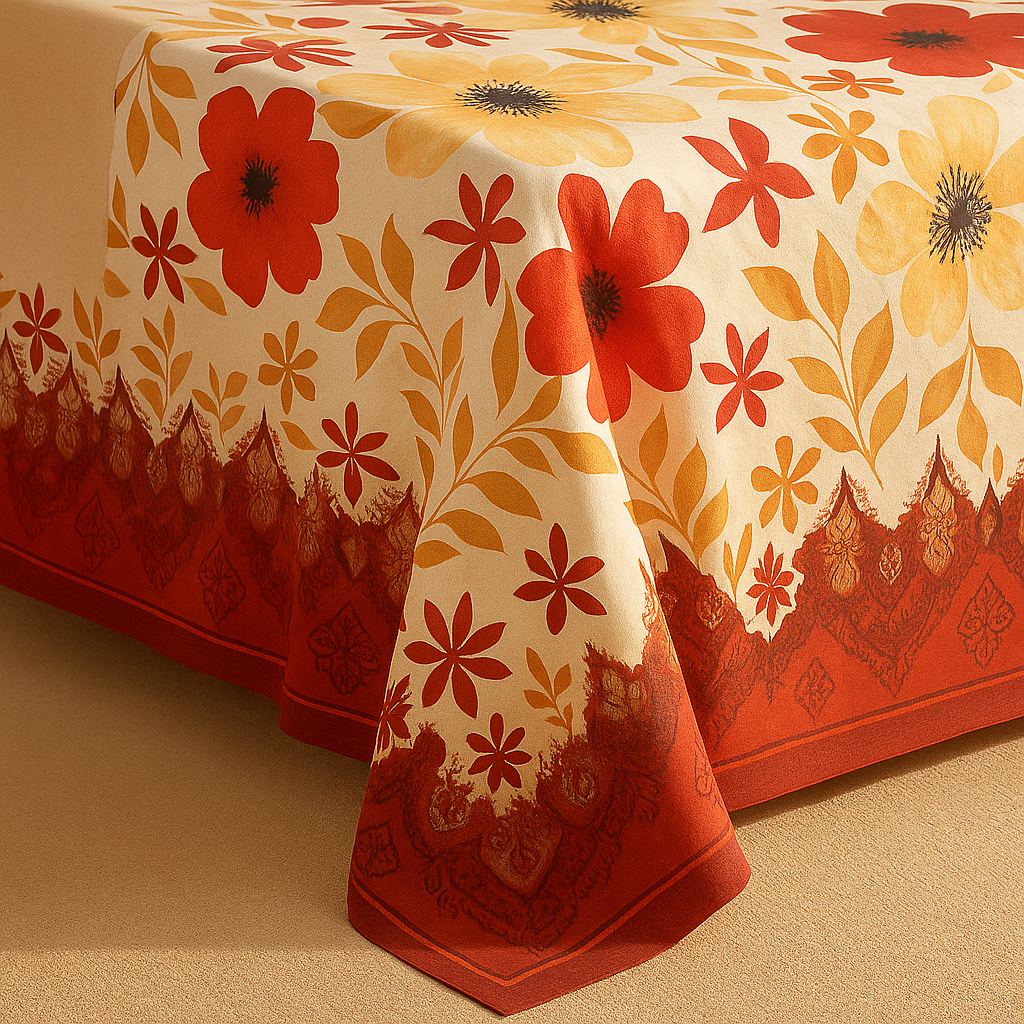 Floral patterned tablecloth with red and orange flowers on a beige background
