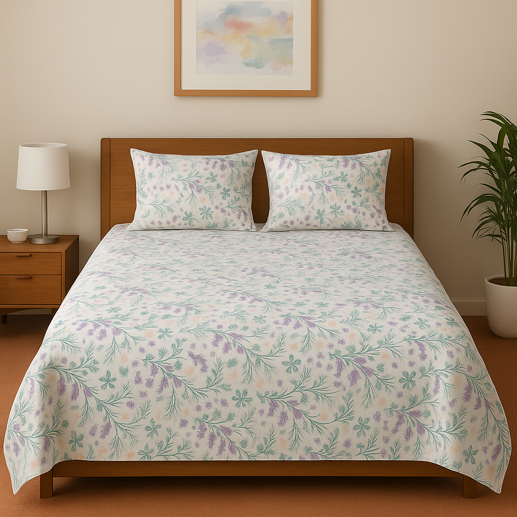 Bed with floral bedding in a bedroom setting with a lamp and plant.