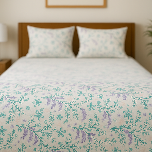 Floral patterned bedding on a bed with a wooden headboard.