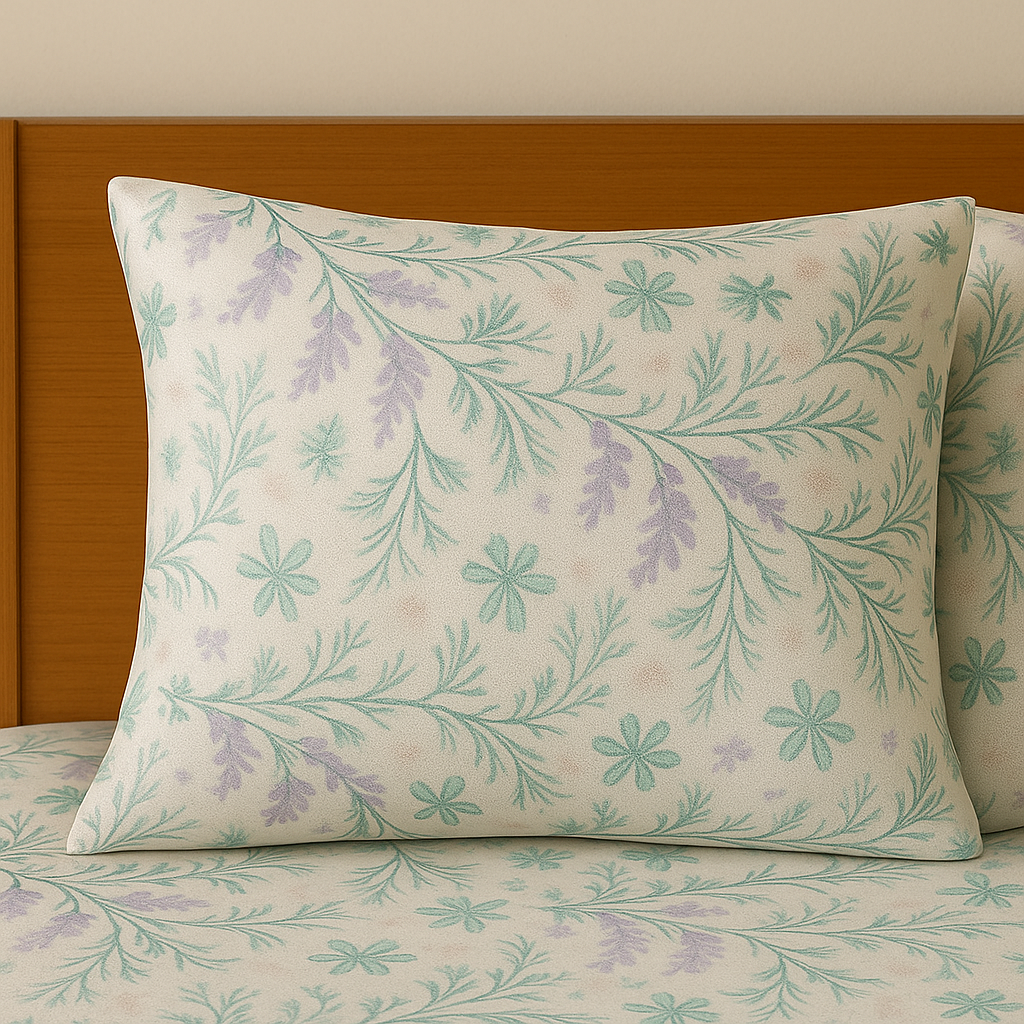 Floral-patterned pillow and bedding on a bed with a wooden headboard.
