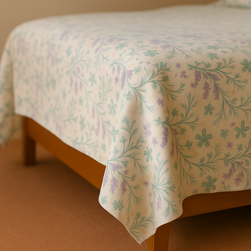 Floral patterned bedspread on a wooden bed frame with a neutral background