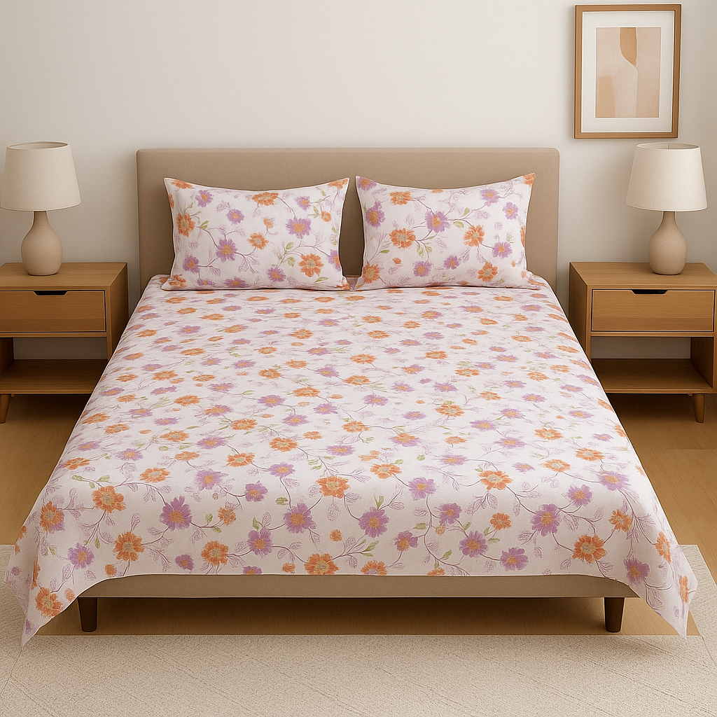 Floral patterned bedspread on a bed with matching pillows in a bedroom setting.