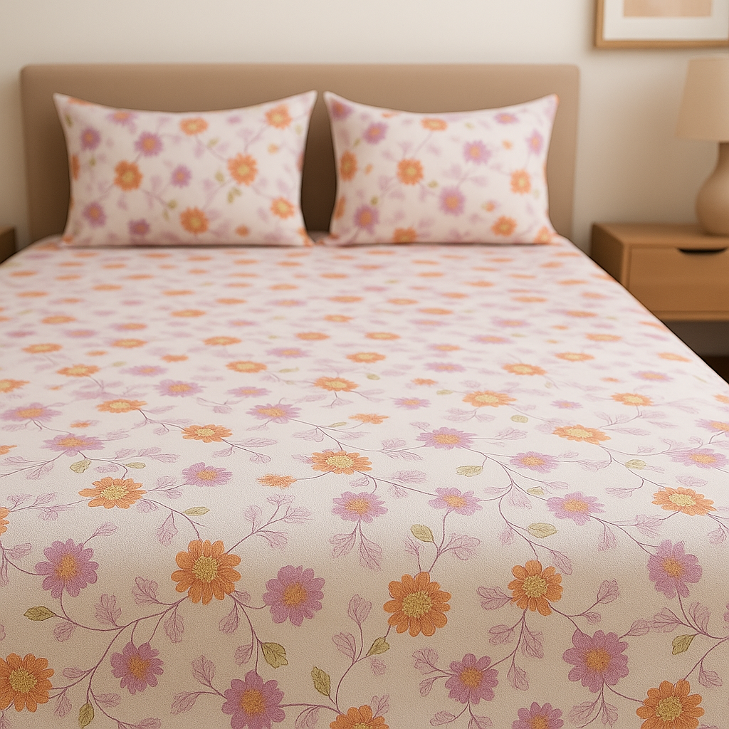Floral patterned bedspread on a bed with matching pillows in a bedroom setting.