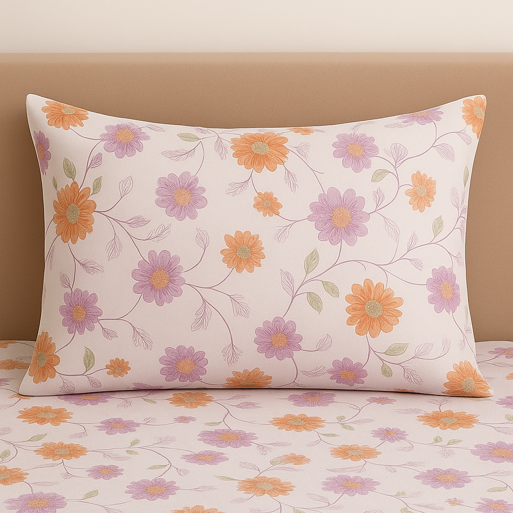 Floral-patterned pillow and bedding set on a beige background