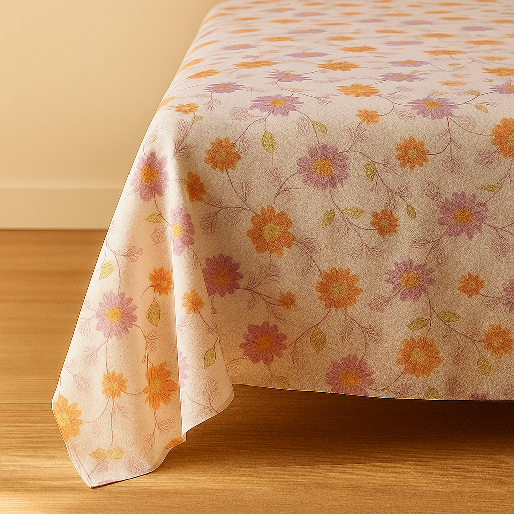 Floral-patterned tablecloth on a wooden surface