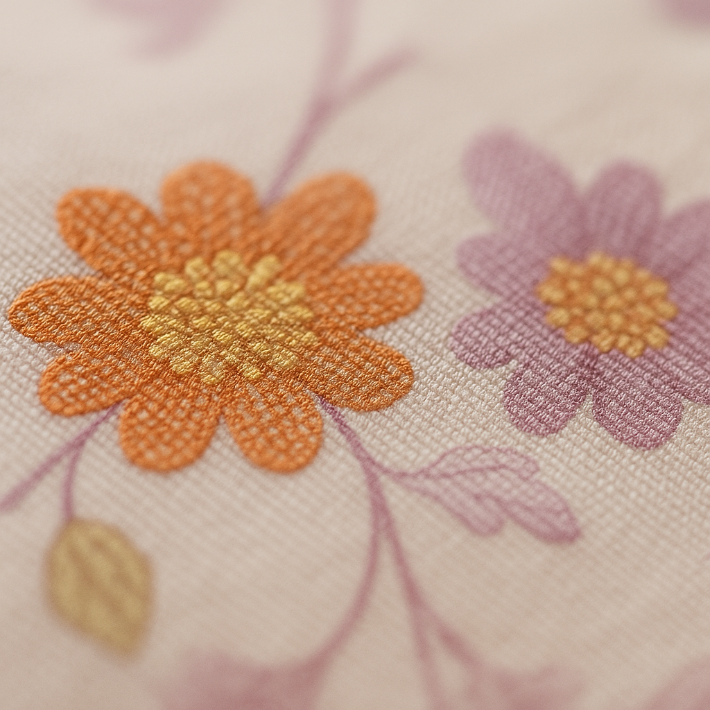 Close-up of embroidered orange and purple flowers on fabric