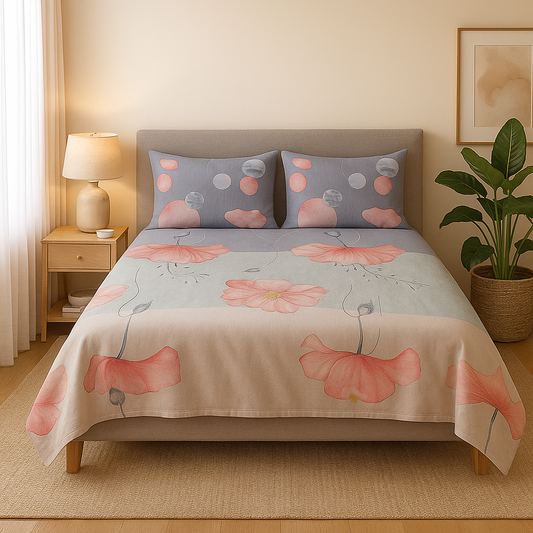 Bed with floral bedding in a bedroom setting