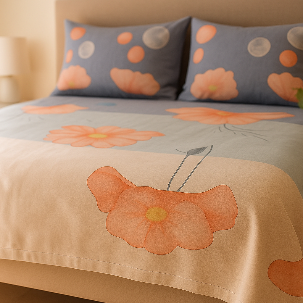 Floral-patterned bedspread with orange flowers on a bed in a bedroom setting.