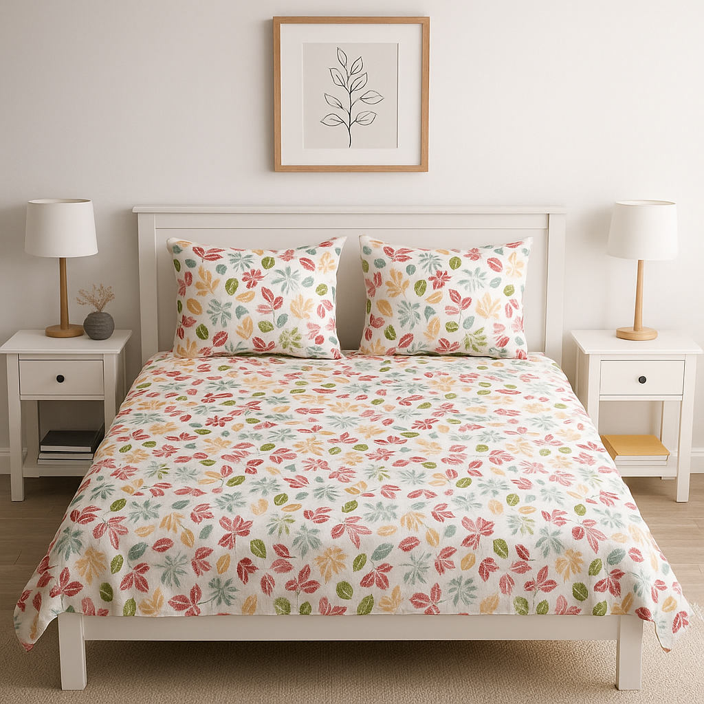 Bedroom with floral bedding, nightstands, and lamps.