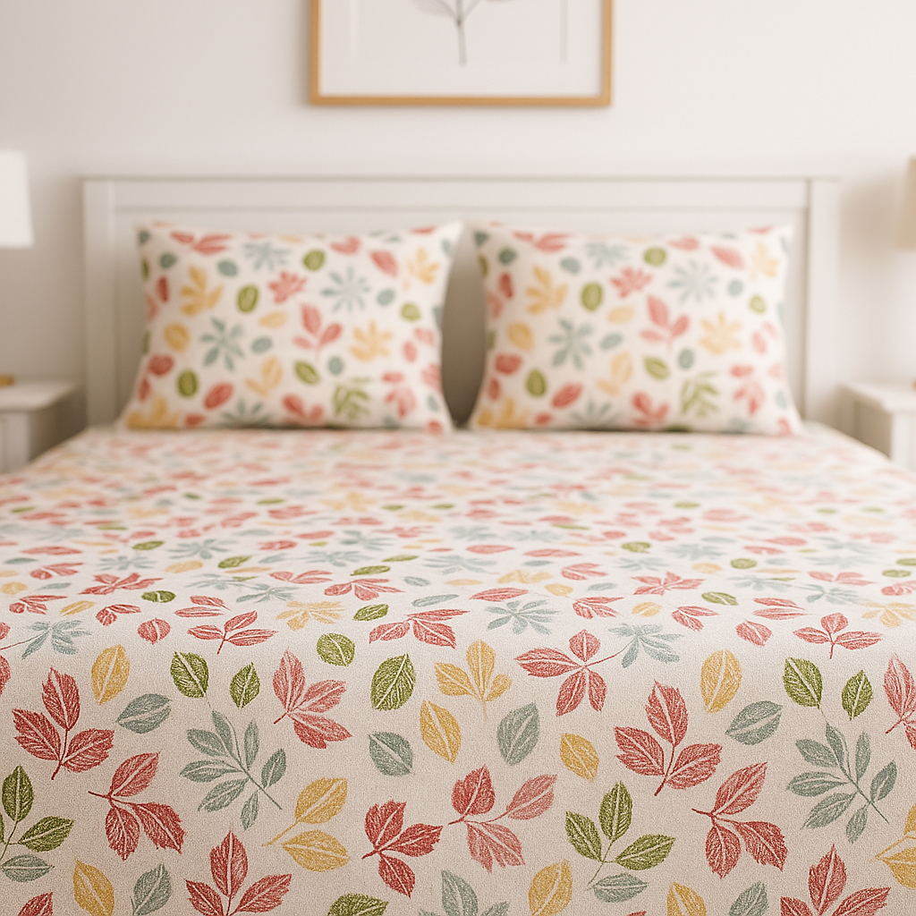 Bed with floral-patterned bedding and pillows in a bedroom setting.