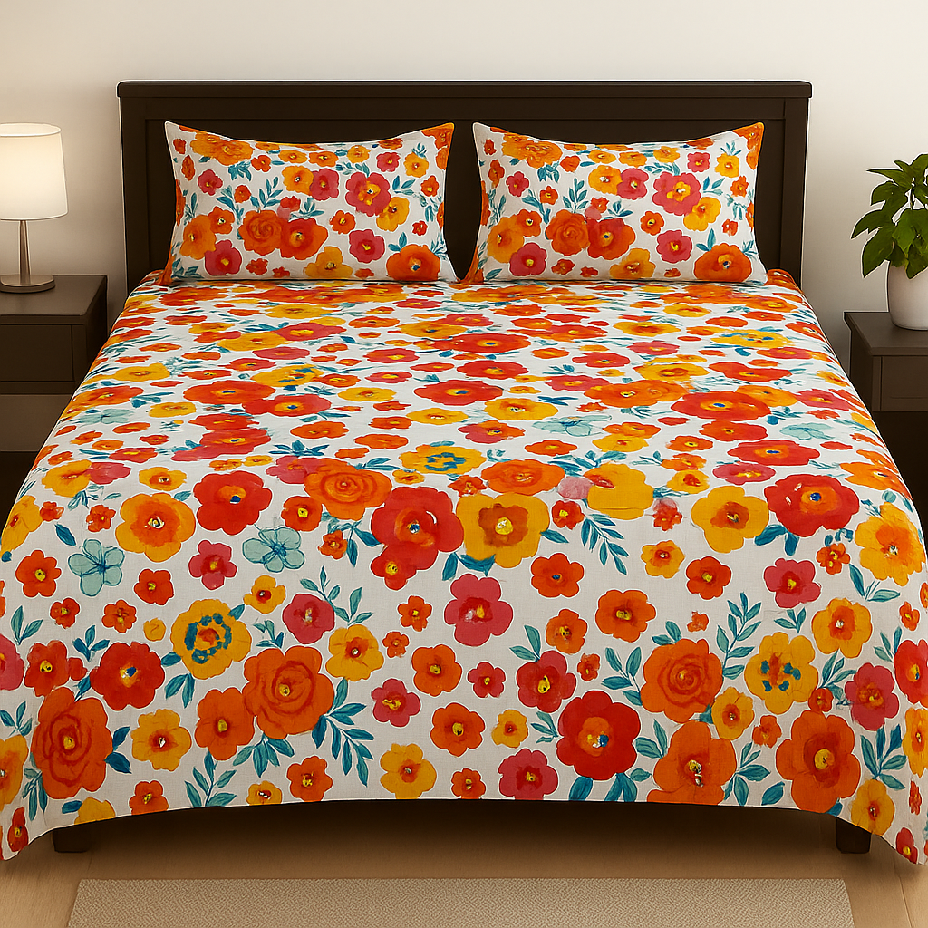 Floral patterned bedspread on a bed with matching pillows in a bedroom setting.