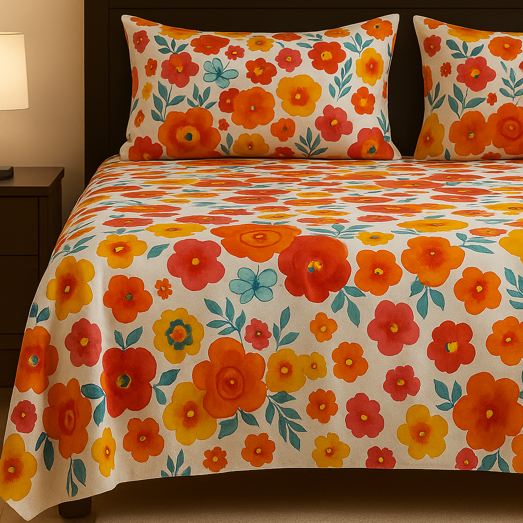 Floral patterned bedspread with colorful flowers on a bed in a bedroom setting.