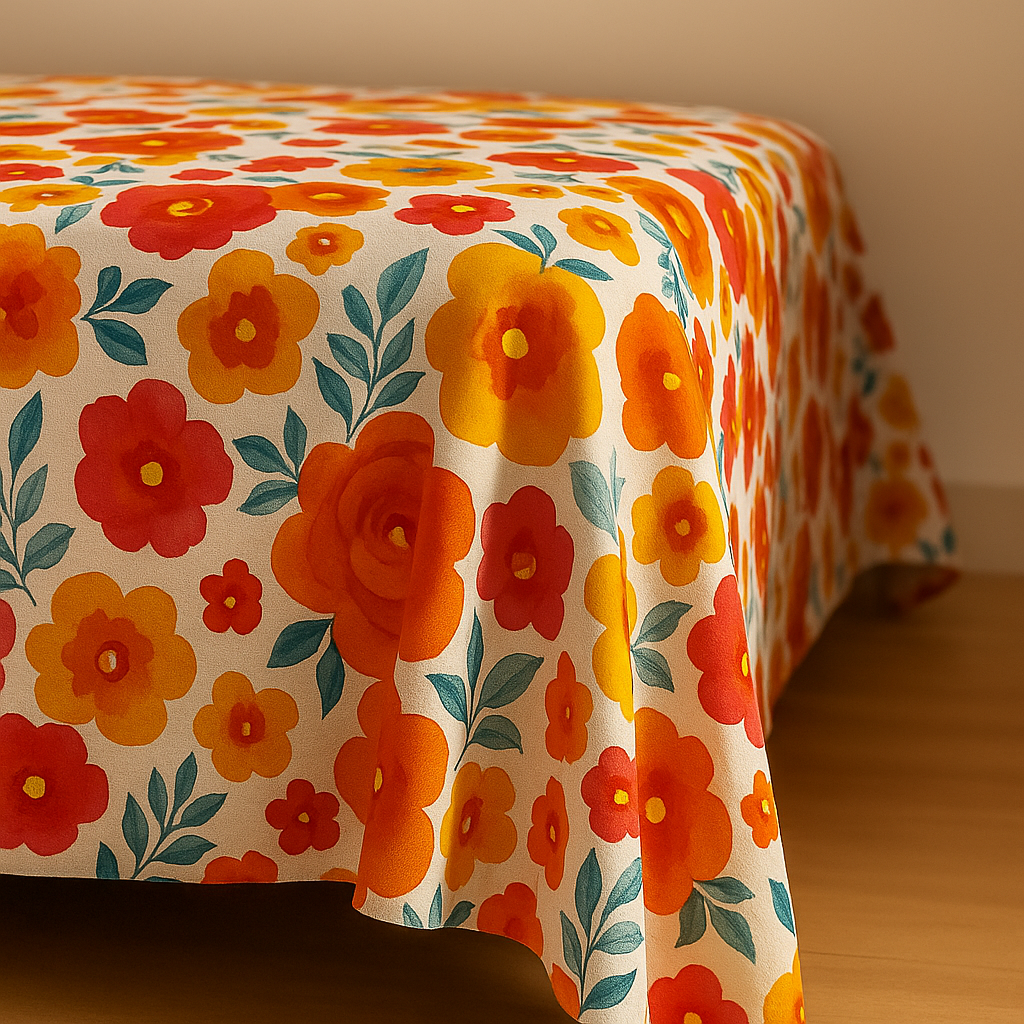 Floral patterned tablecloth with orange and red flowers on a wooden surface.