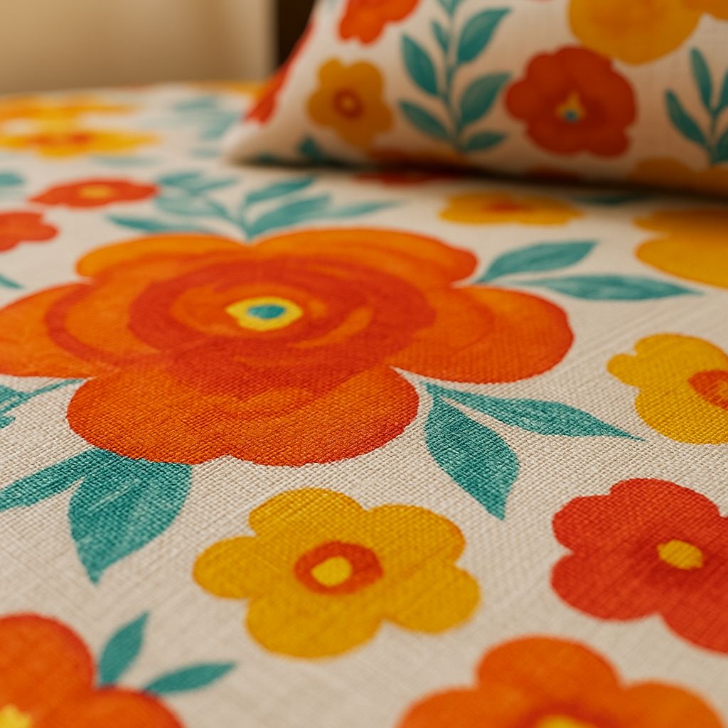 Close-up of a colorful floral patterned fabric with orange, yellow, and blue flowers.