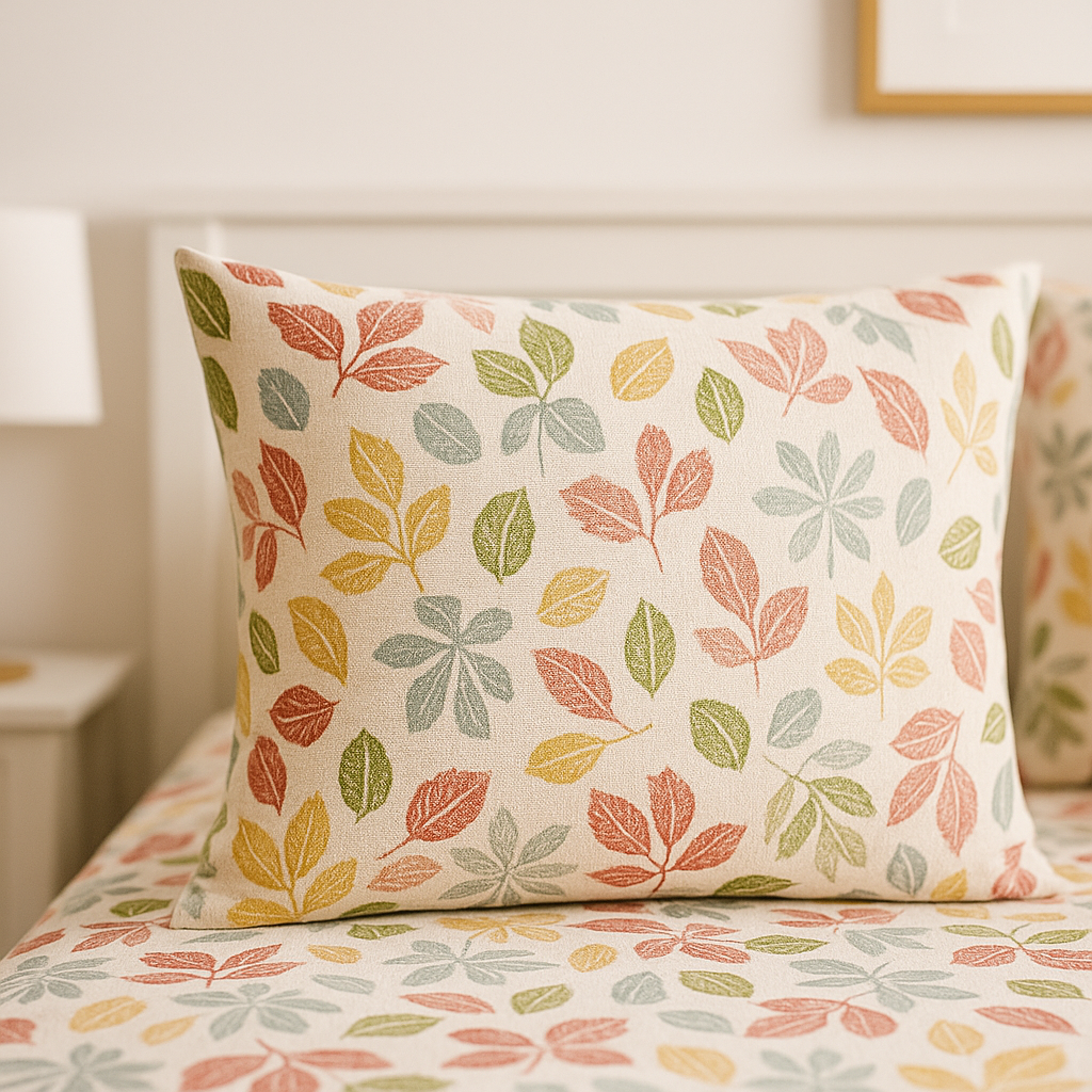 Decorative pillow with leaf pattern on a matching bedspread in a bedroom setting.