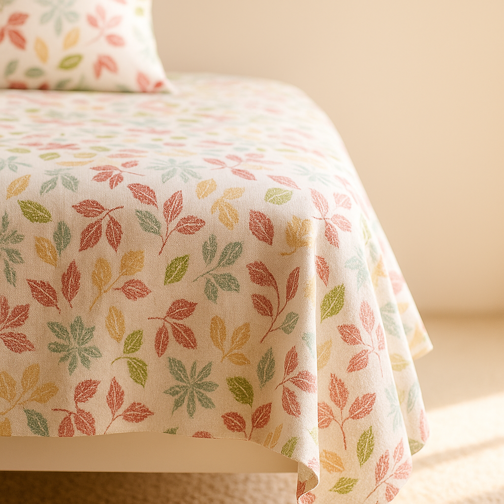Bed with a leaf patterned comforter and pillows on a neutral background
