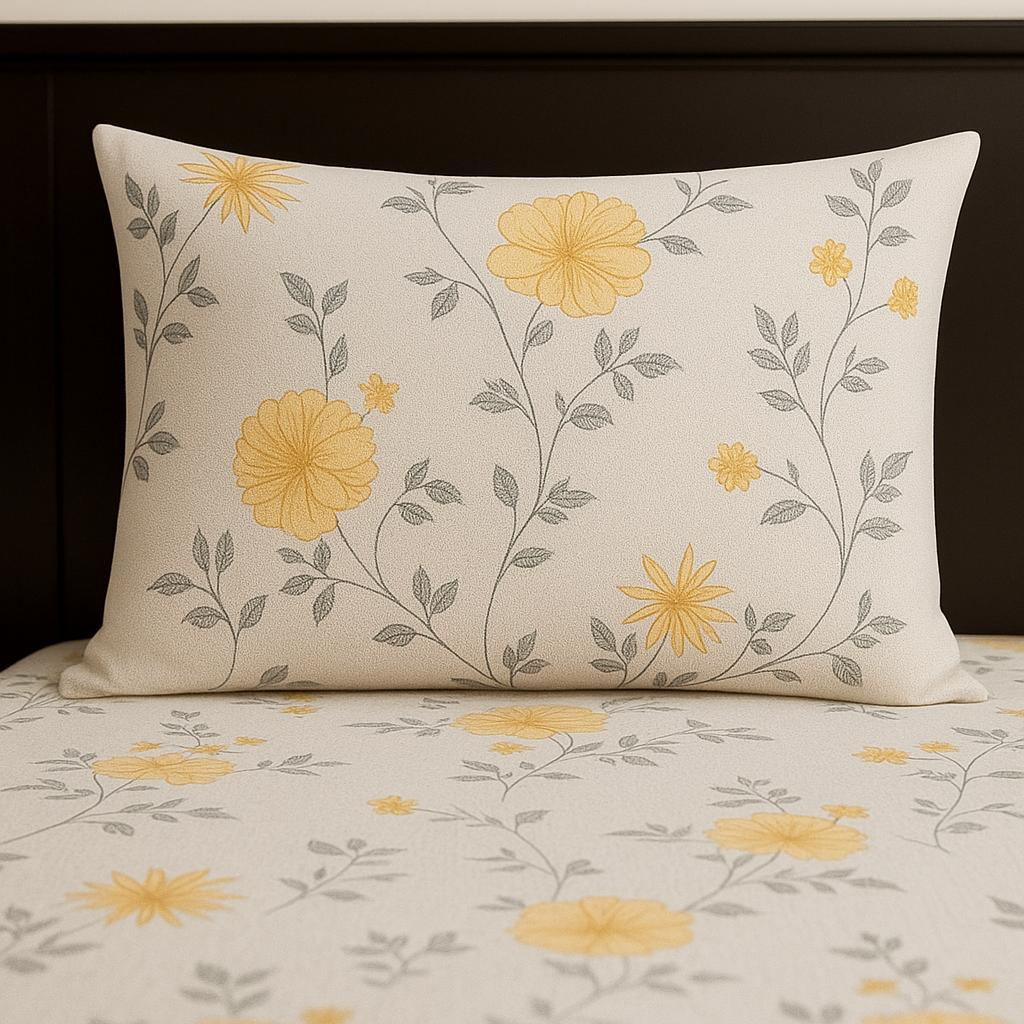 Floral-patterned pillow and bedding with yellow flowers on a neutral background
