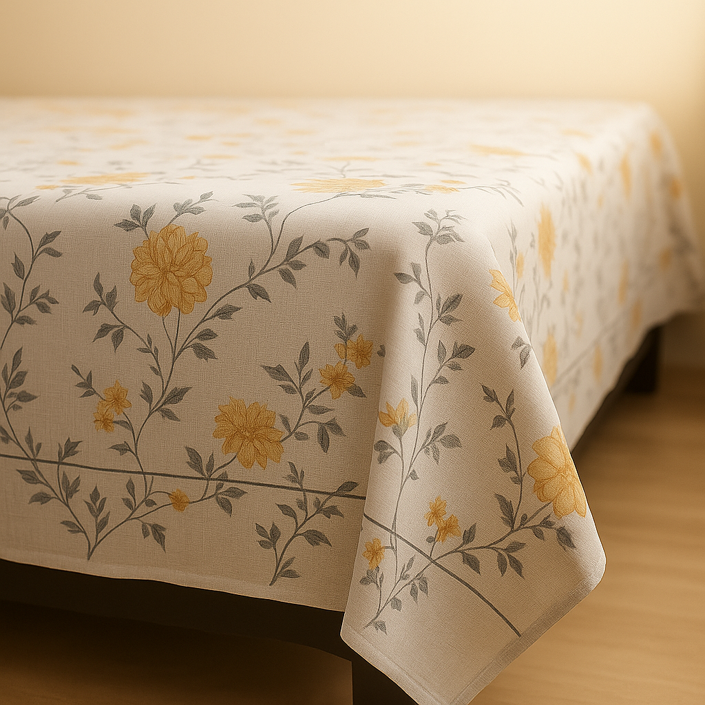 Floral patterned tablecloth on a wooden table with a neutral background