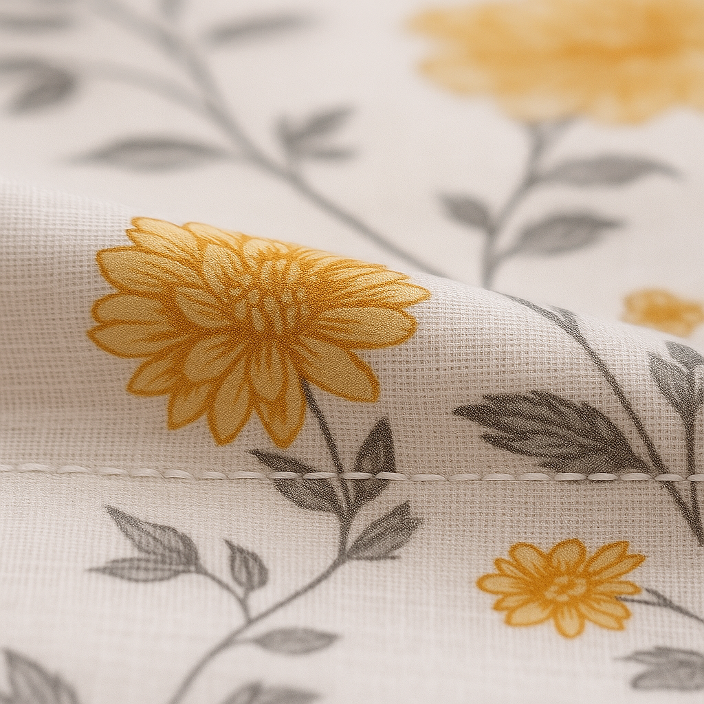 Close-up of floral fabric with yellow flowers and gray leaves on a white background