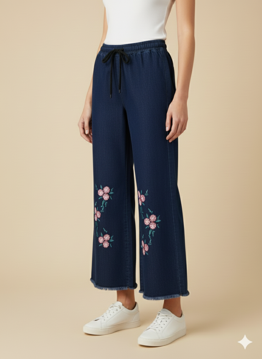Ladies’ Floral Embroidered Denim Jeans – Dark Blue LFJ-T001