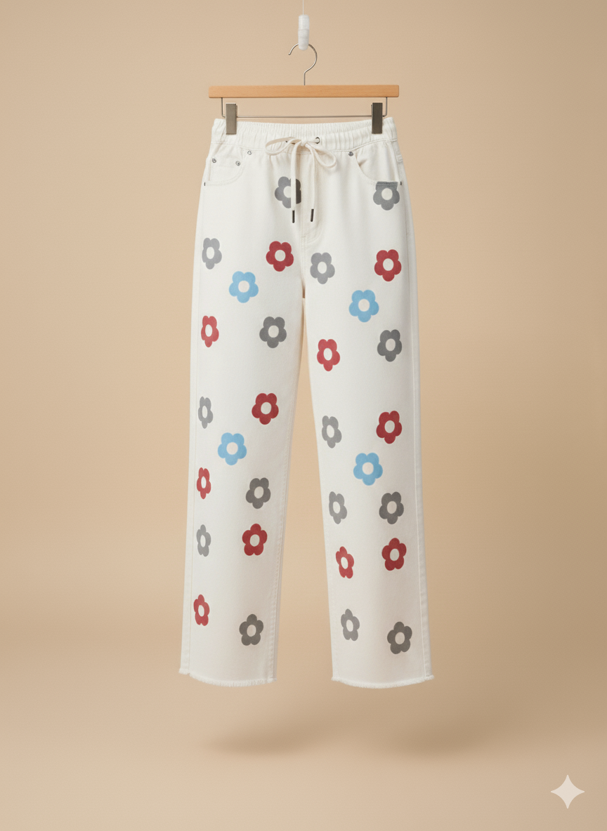 Ladies’ Multicolor Flower Print Denim Jeans – Off White LFJ-T002