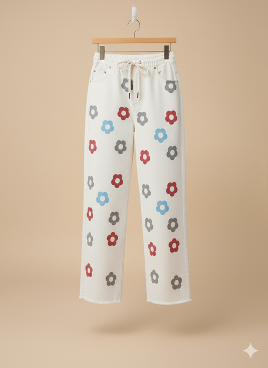 Ladies’ Multicolor Flower Print Denim Jeans – Off White LFJ-T002