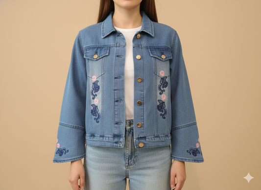 Girs’ Embroidered Denim Jacket – Classic Blue GFDJ-T001