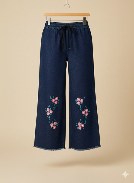 Ladies’ Floral Embroidered Denim Jeans – Dark Blue LFJ-T001