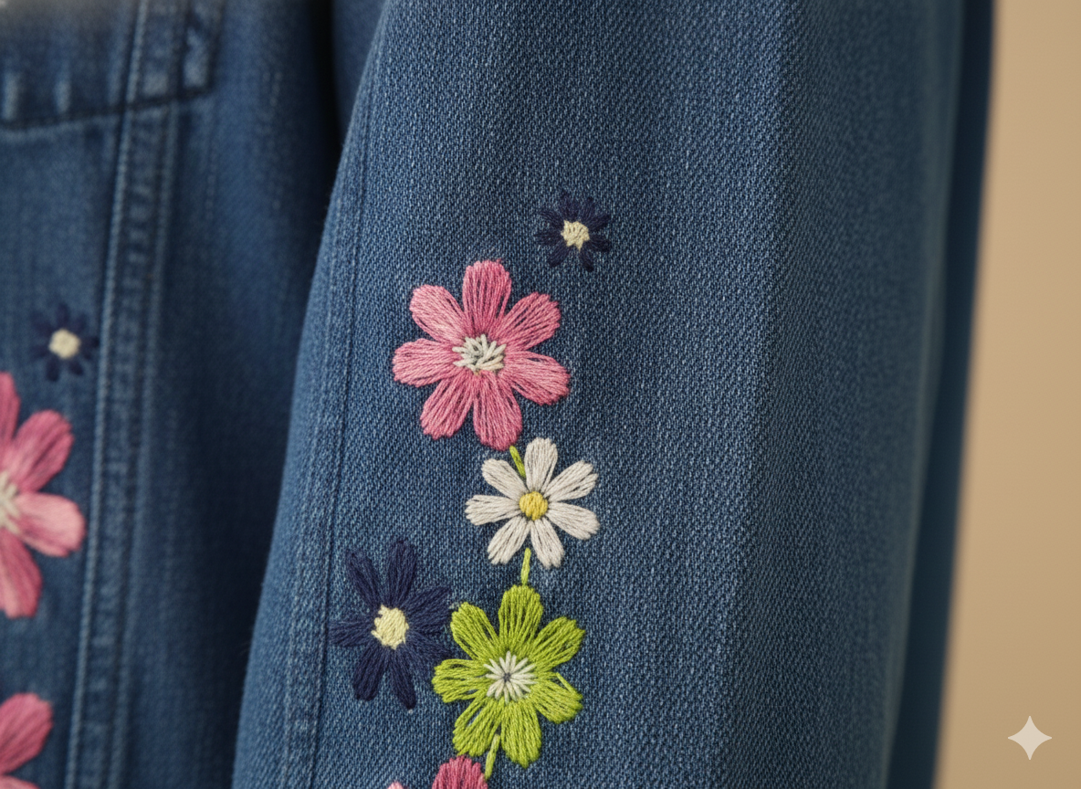 Girls’ Multicolor Floral Embroidered Denim Jacket – Dark Blue GFDJ-T002