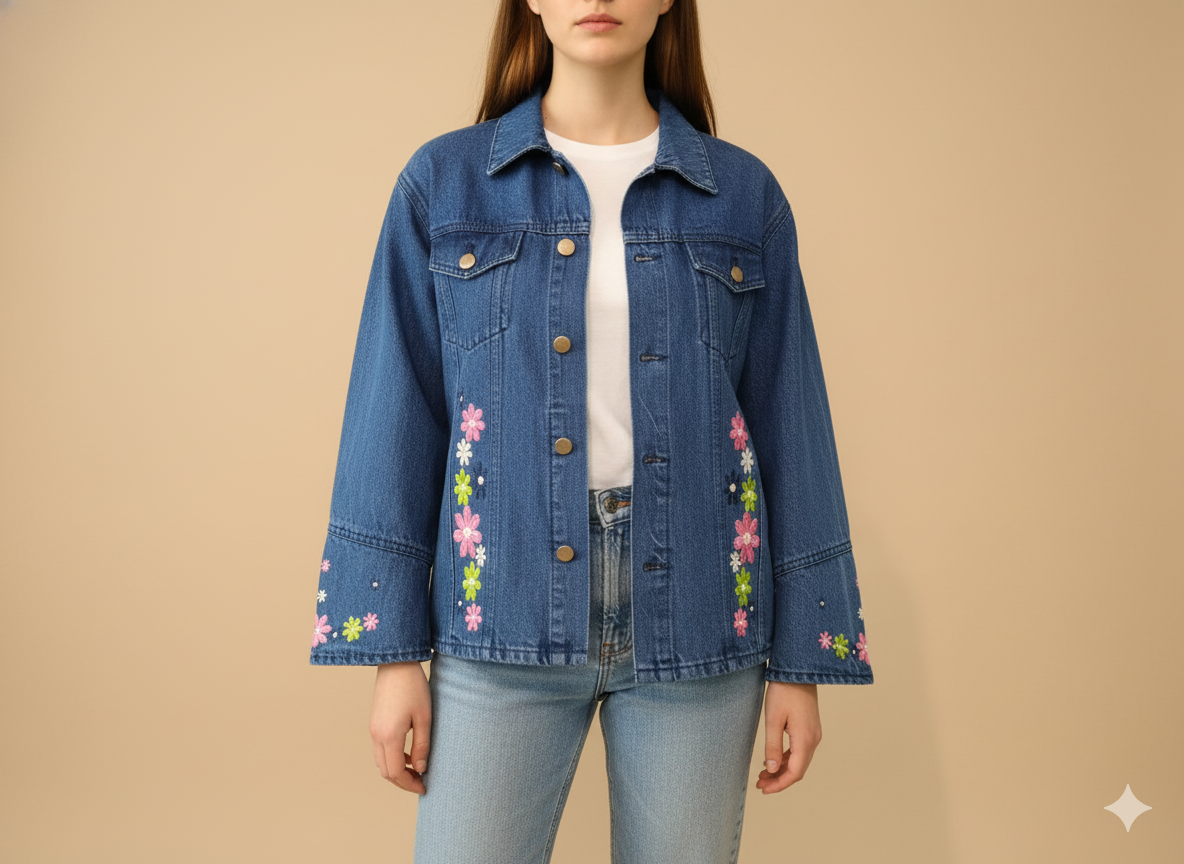 Girls’ Multicolor Floral Embroidered Denim Jacket – Dark Blue GFDJ-T002