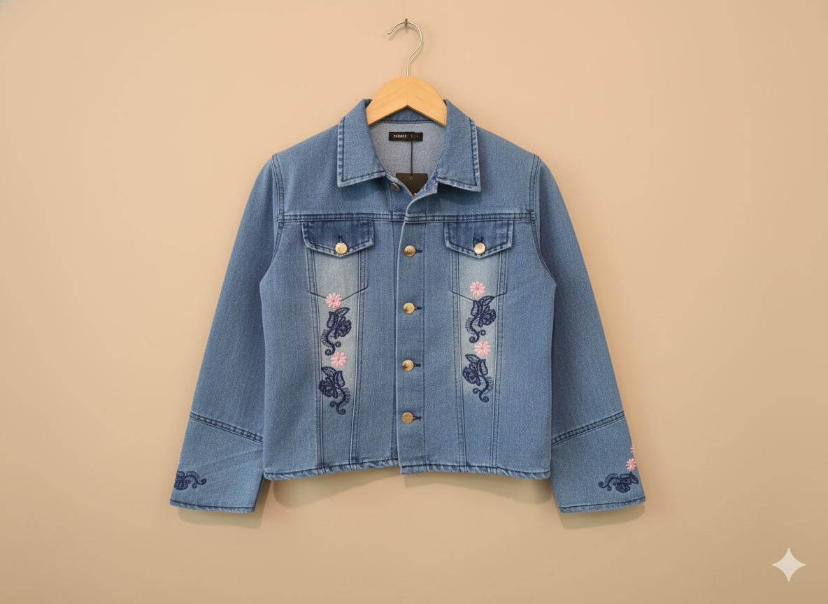 Girs’ Embroidered Denim Jacket – Classic Blue GFDJ-T001