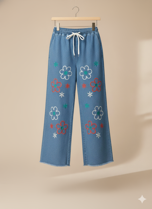 Ladies’ Colorful Floral Embroidered Denim Jeans – Light Blue LFJ-T003