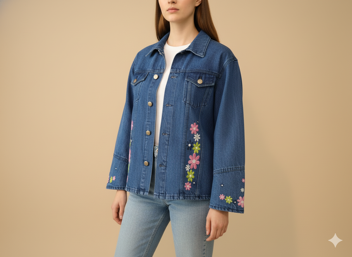 Girls’ Multicolor Floral Embroidered Denim Jacket – Dark Blue GFDJ-T002