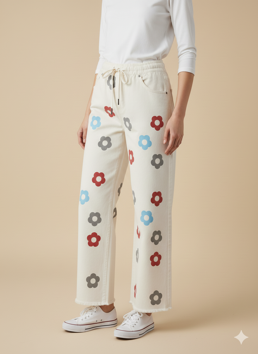 Ladies’ Multicolor Flower Print Denim Jeans – Off White LFJ-T002