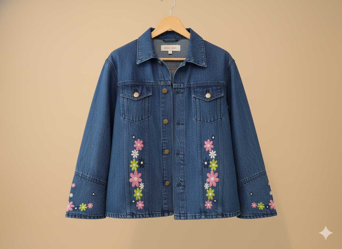 Girls’ Multicolor Floral Embroidered Denim Jacket – Dark Blue GFDJ-T002