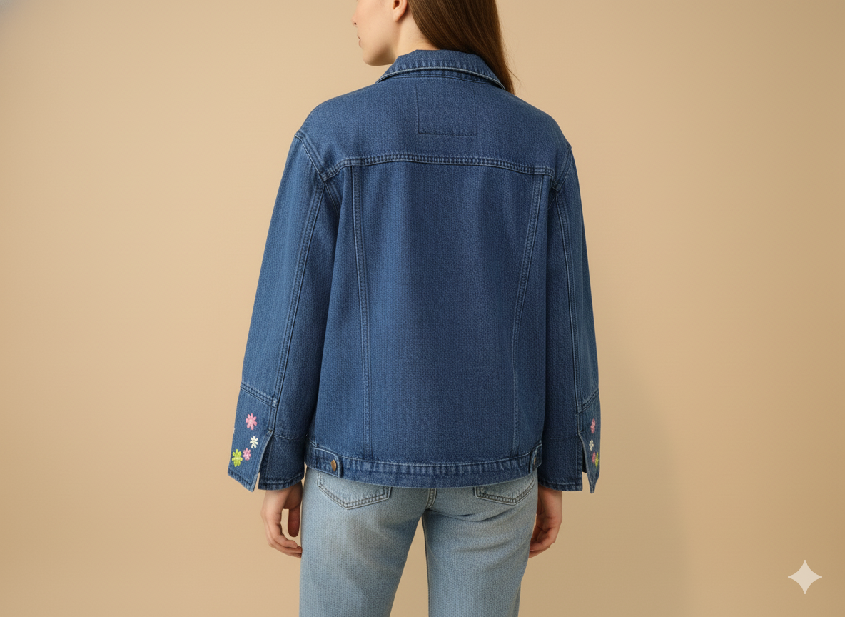 Girls’ Multicolor Floral Embroidered Denim Jacket – Dark Blue GFDJ-T002