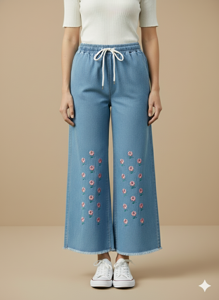 Girl Butterfly Embroidered Denim Jean light Blue GFJ-T006