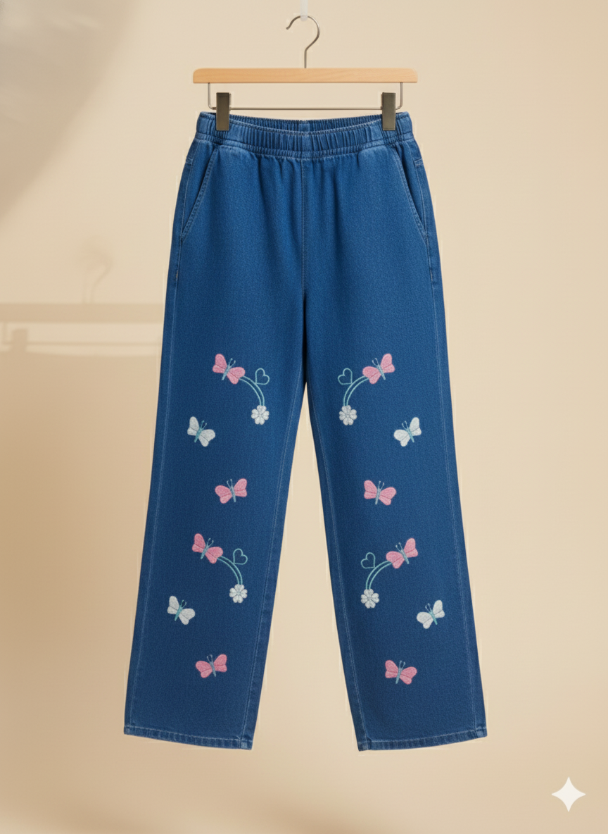 Girl Butterfly Embroidered Denim Jean Dark Blue GFJ-T004