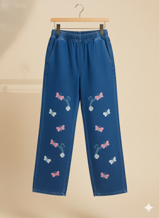 Girl Butterfly Embroidered Denim Jean Dark Blue GFJ-T004