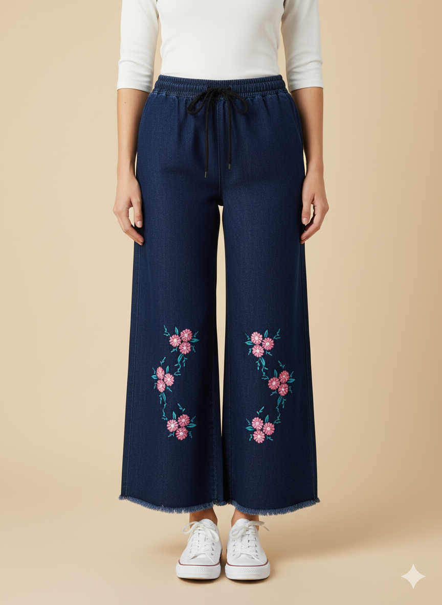 Ladies’ Floral Embroidered Denim Jeans – Dark Blue LFJ-T001