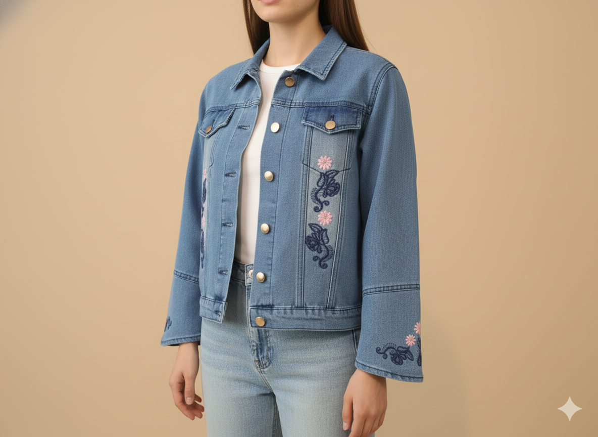 Girs’ Embroidered Denim Jacket – Classic Blue GFDJ-T001